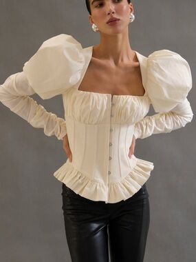 Puff-Sleeve Corset Blouse with Ruffled Hem White Top S-M